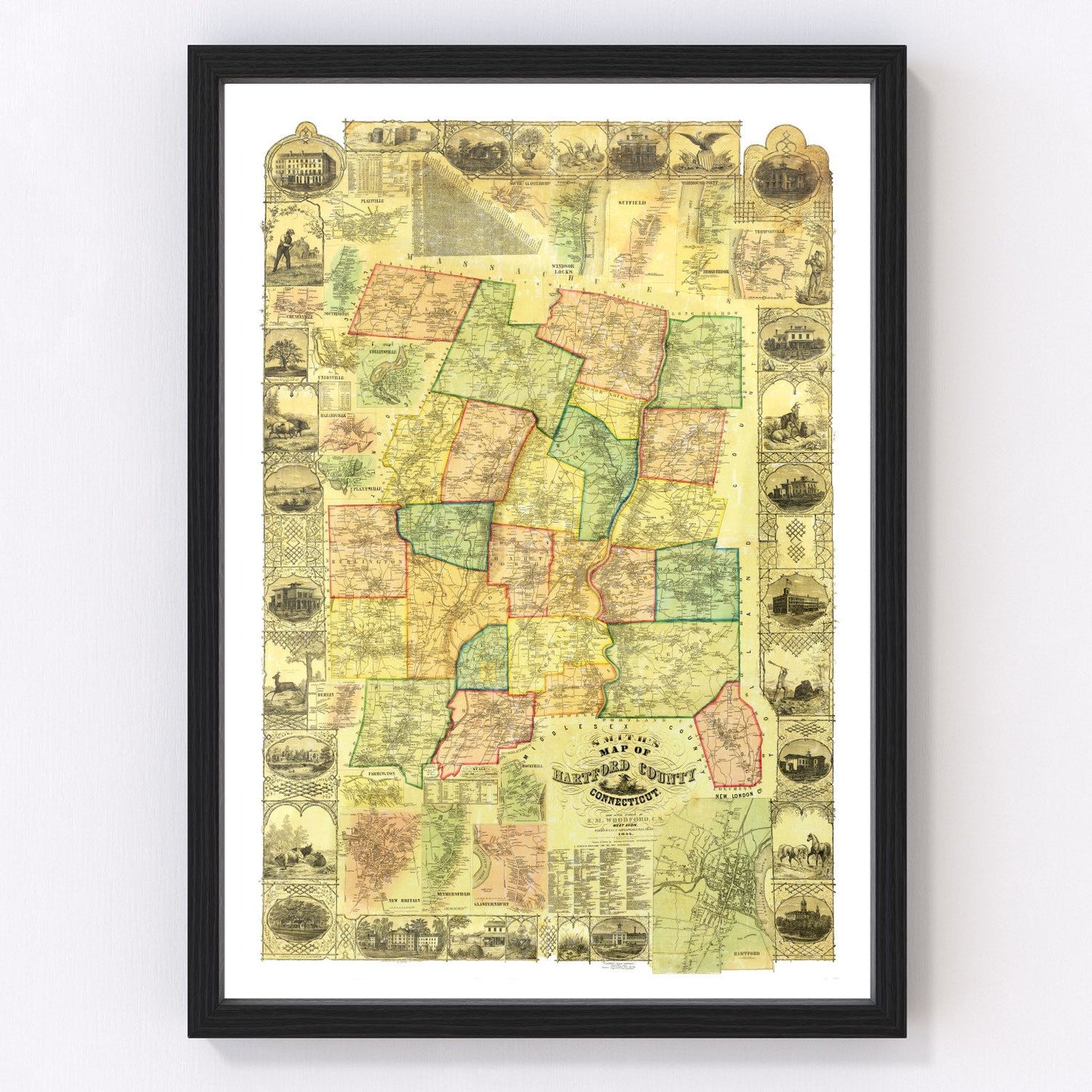 Vintage map of Hartford County, Connecticut, 1855