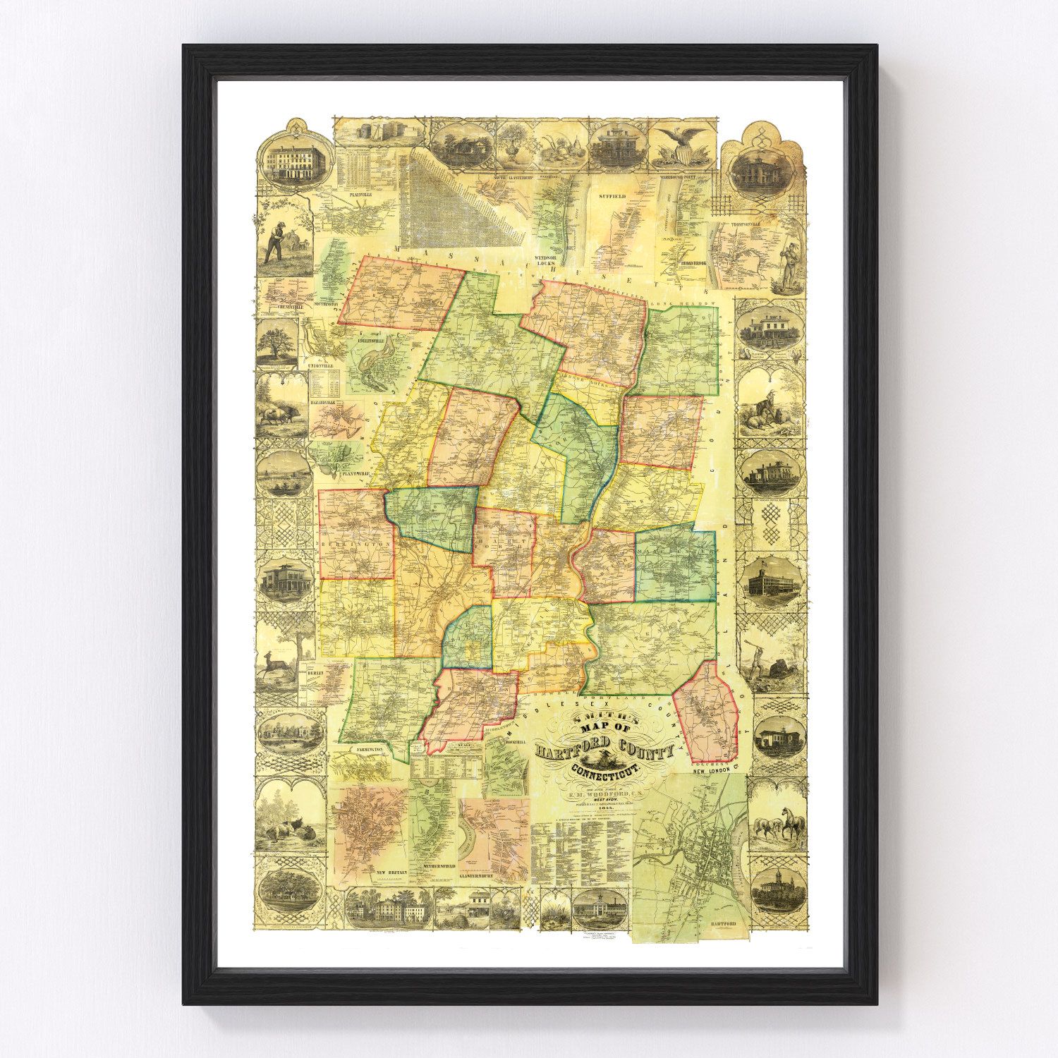 Vintage map of Hartford County, Connecticut, 1855