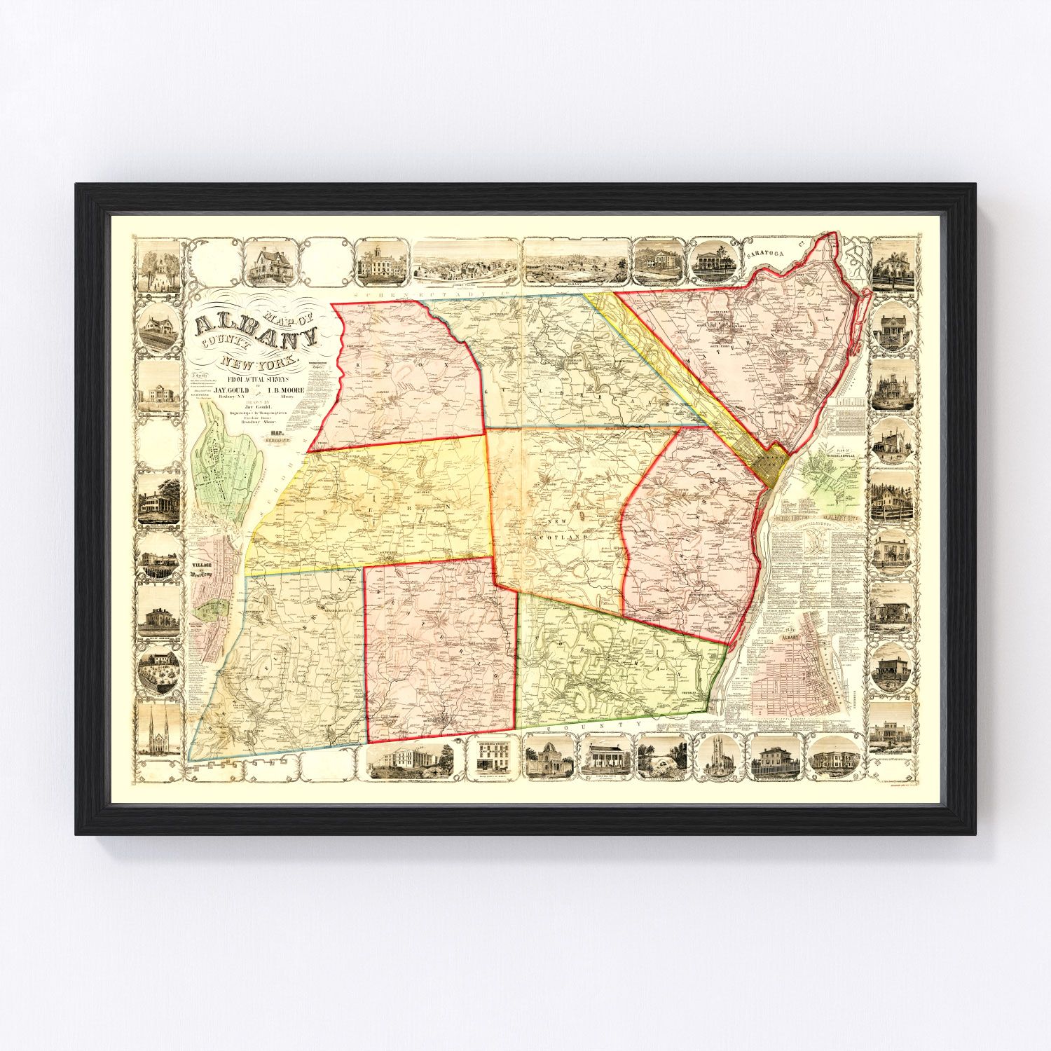 Vintage map of Albany County, New York, 1854 - restored print