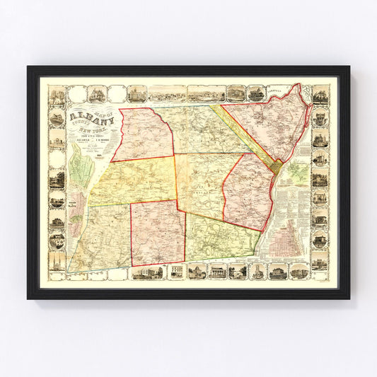 Vintage map of Albany County, New York, 1854 - restored print