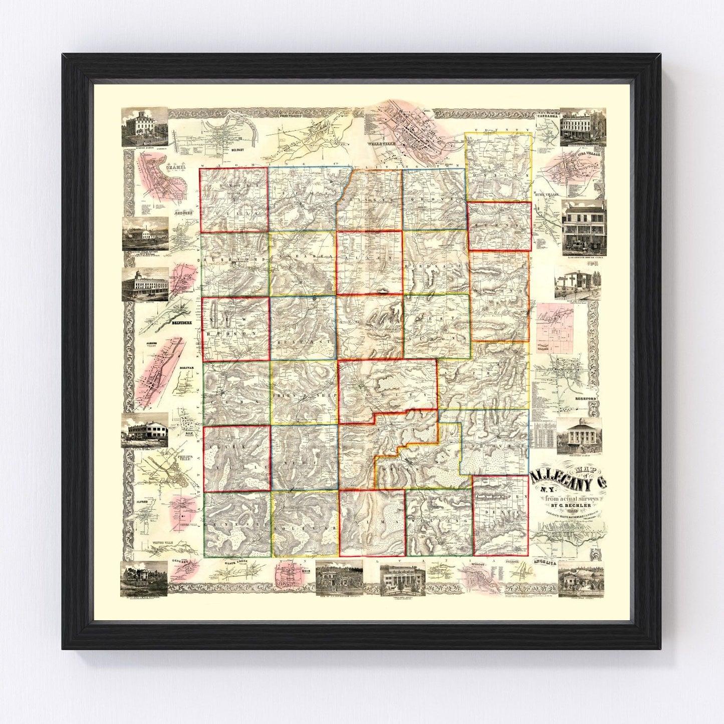 Vintage map of Allegany County, New York, 1856, restored print