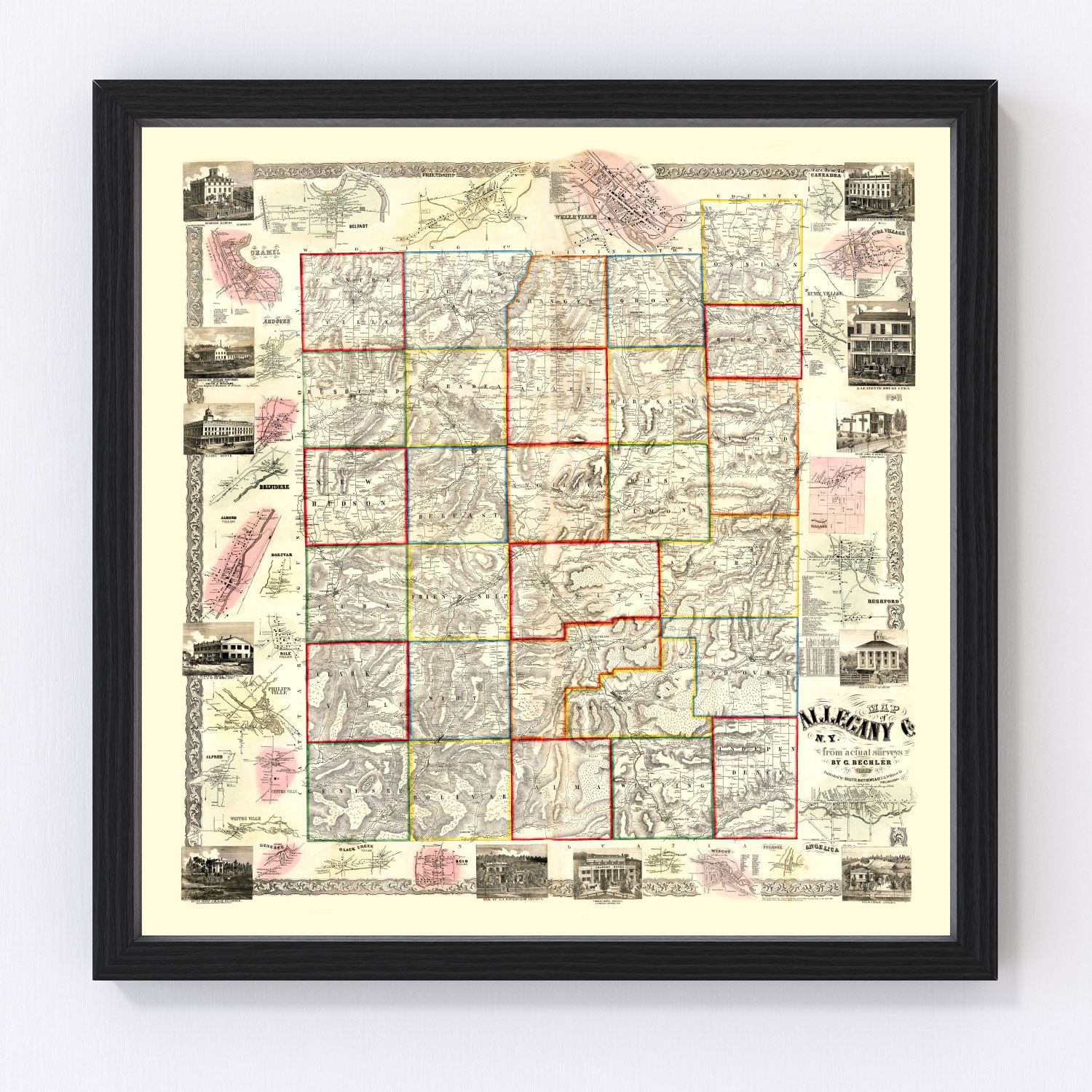 Vintage map of Allegany County, New York, 1856, restored print