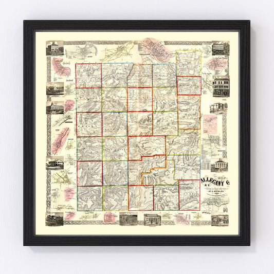Vintage map of Allegany County, New York, 1856, restored print