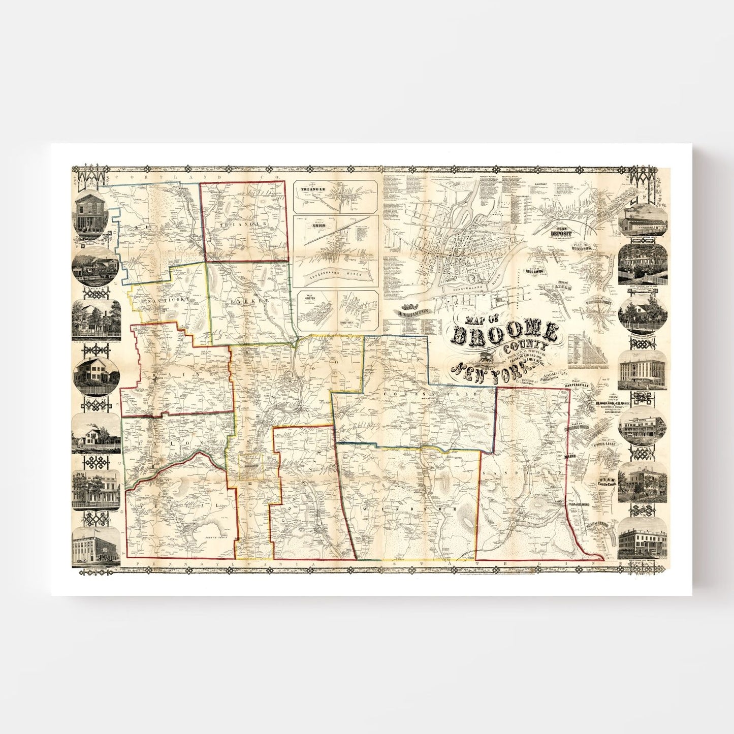 Vintage Map of Broome County, New York 1855 Wall Art