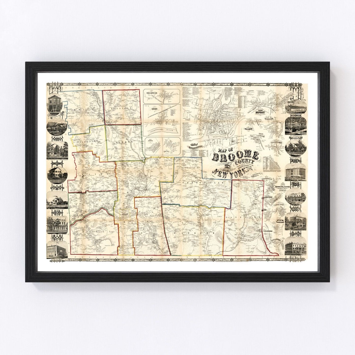 Vintage map of Broome County, New York, 1855 - digitally restored cartographic print