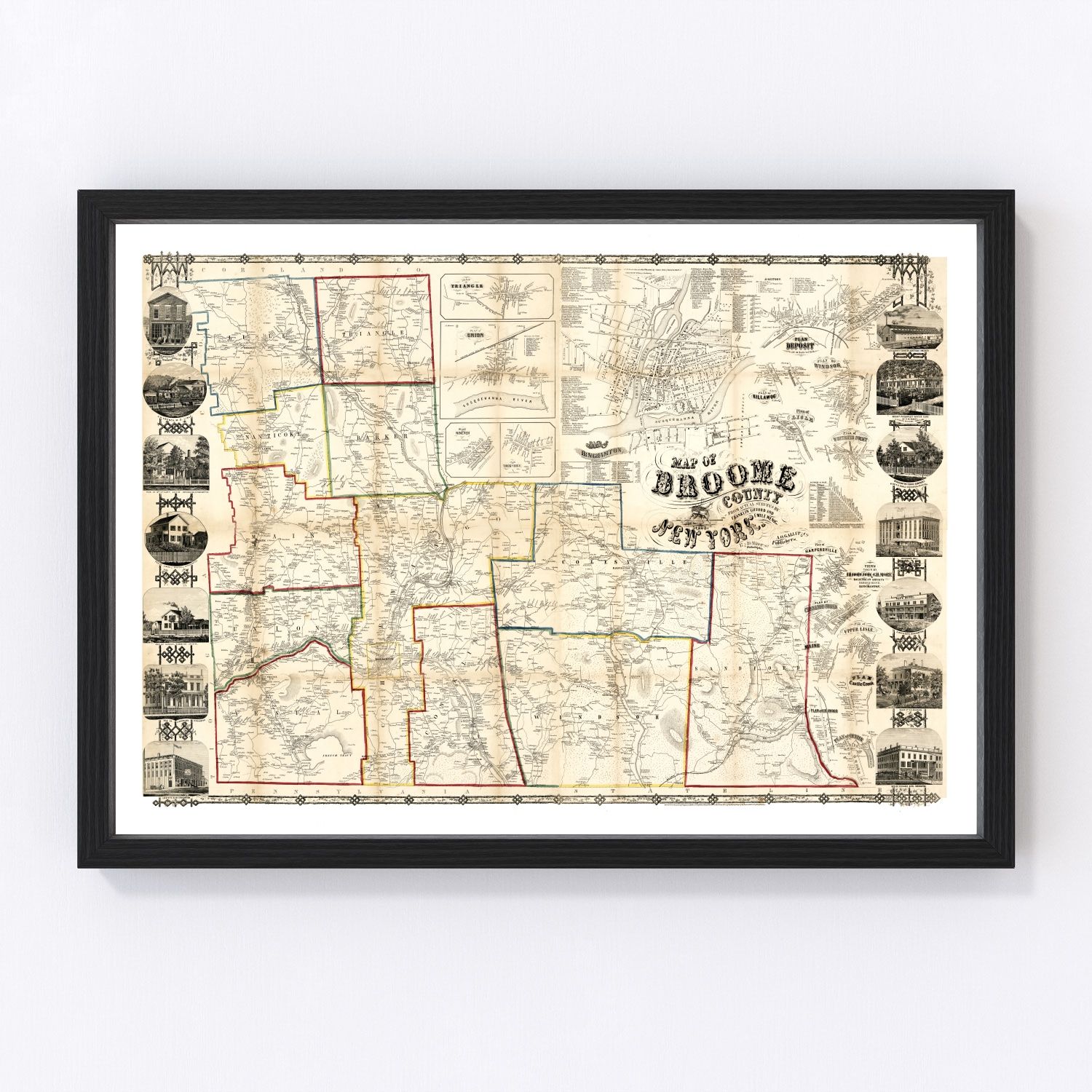 Vintage map of Broome County, New York, 1855 - digitally restored cartographic print