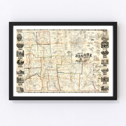 Vintage map of Broome County, New York, 1855 - digitally restored cartographic print