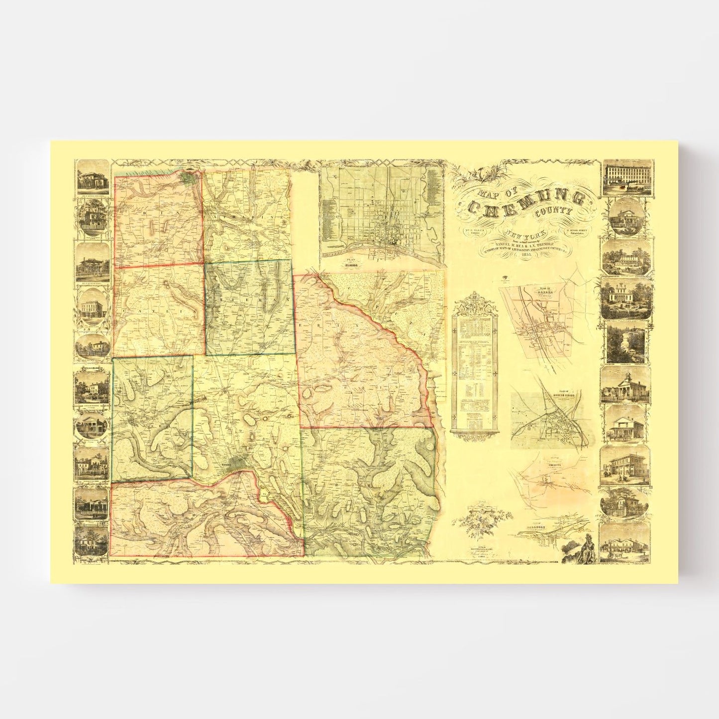 Vintage Map of Chemung County, New York, 1853