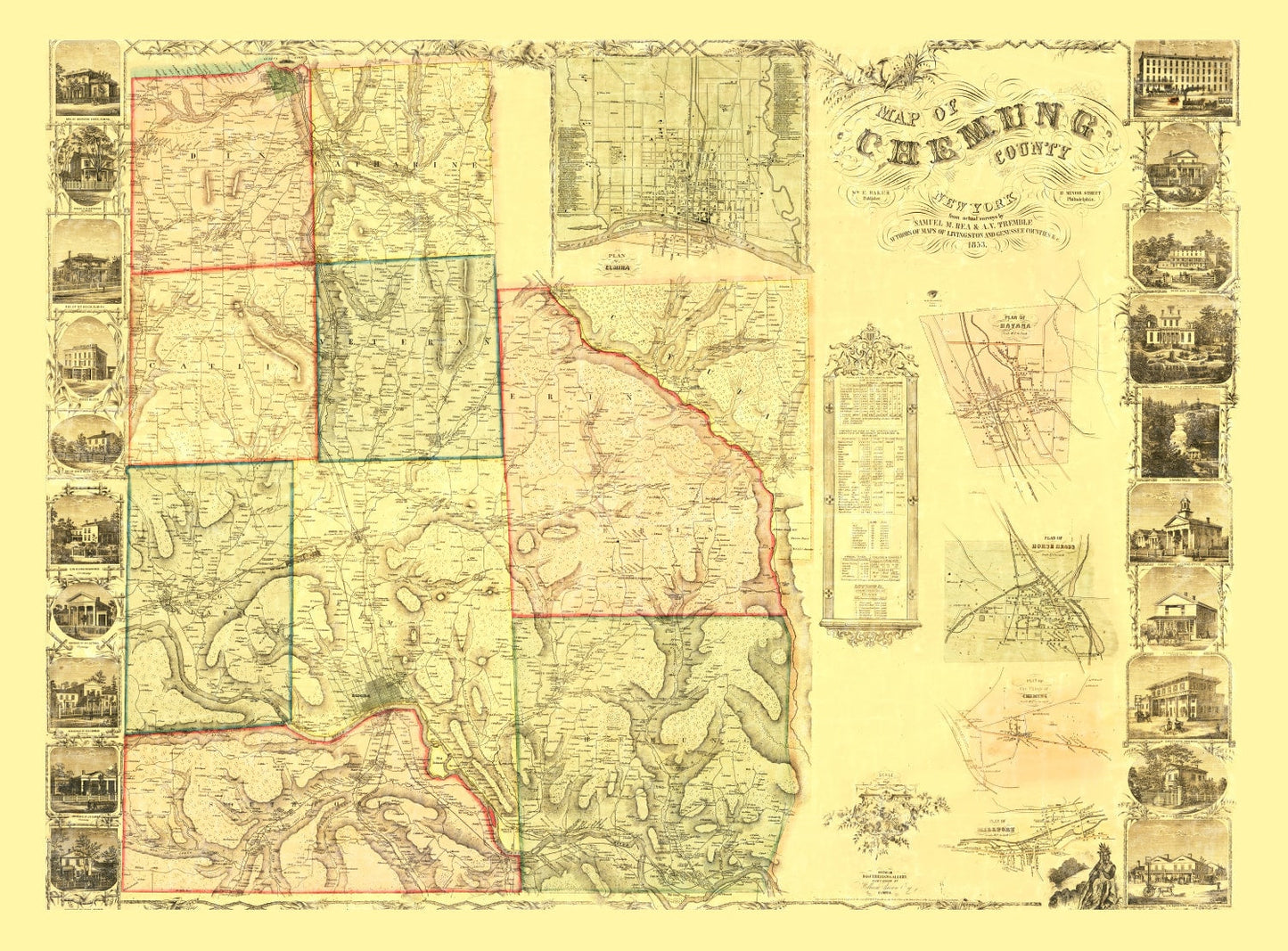 Vintage Map of Chemung County, New York, 1853