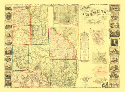 Vintage Map of Chemung County, New York, 1853