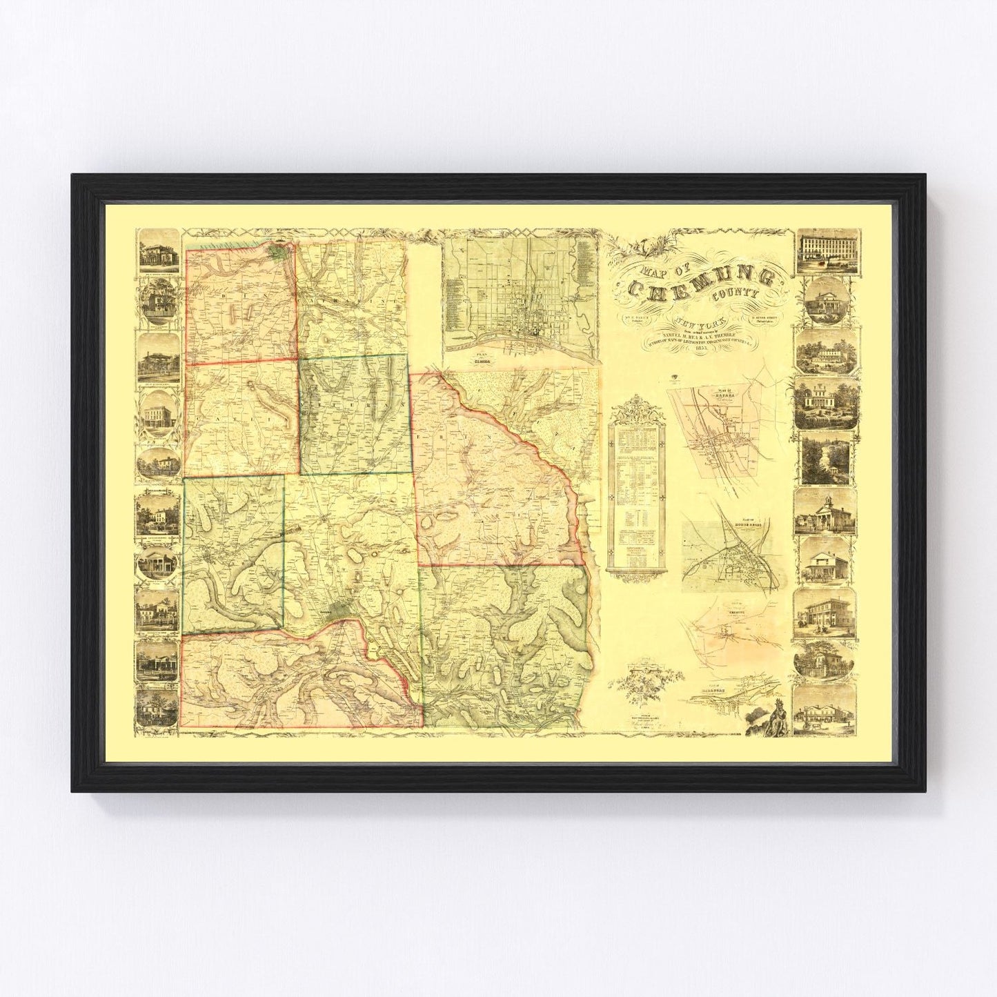 Vintage map of Chemung County, New York, 1853, digitally restored print