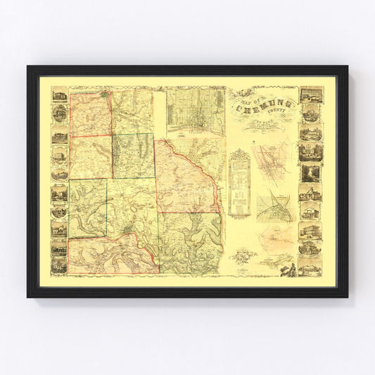 Vintage map of Chemung County, New York, 1853, digitally restored print