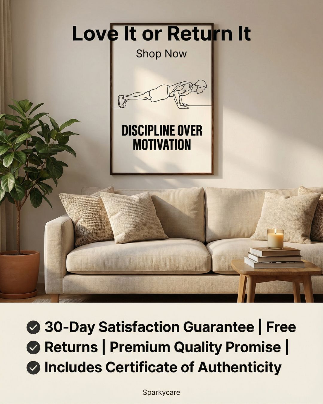 Discipline Over Motivation Poster — Framed Minimalist Line Art