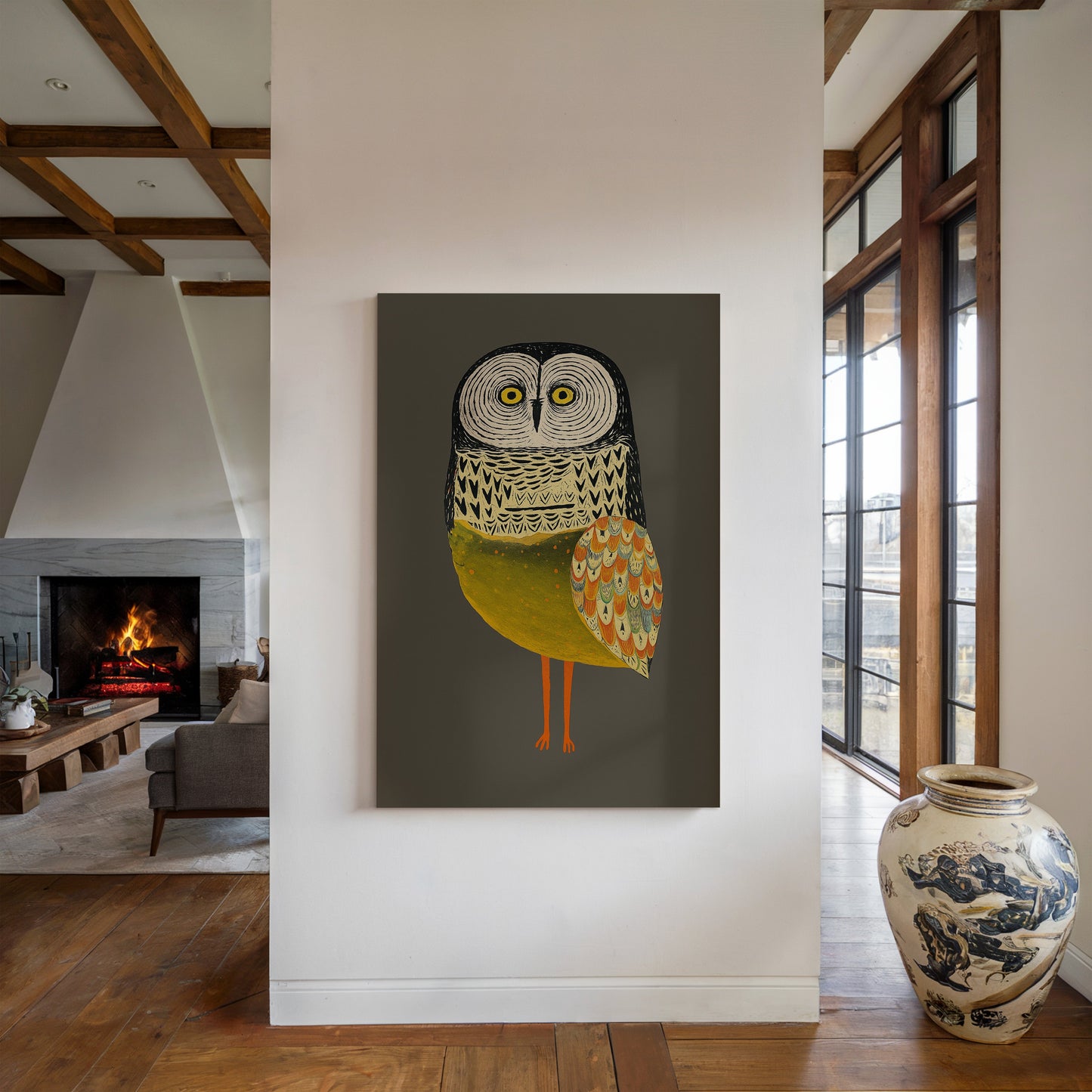 Stylized Owl Wall Art - Golden Feather Bird Print