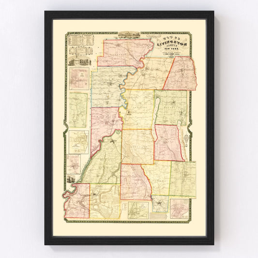 vintage map of Livingston County, New York, 1852
