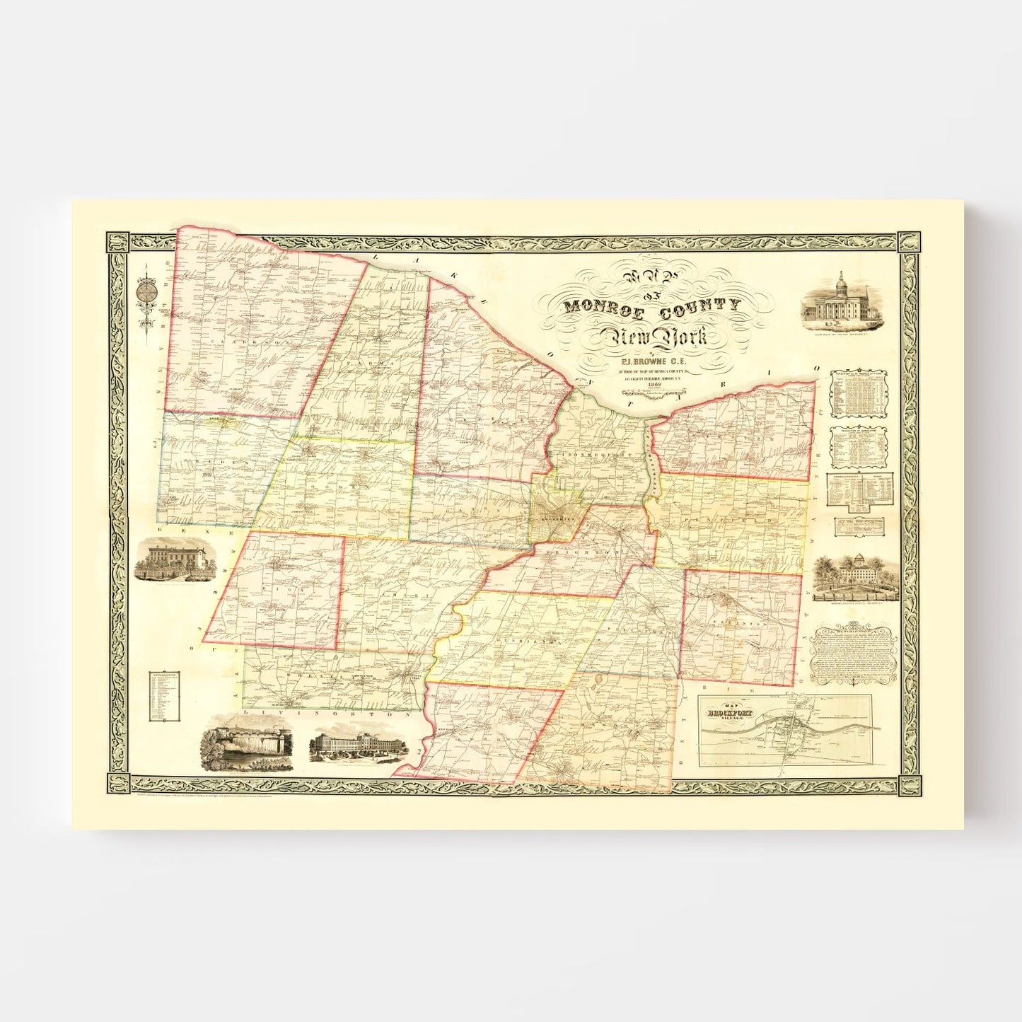 Vintage Map of Monroe County, New York, 1852