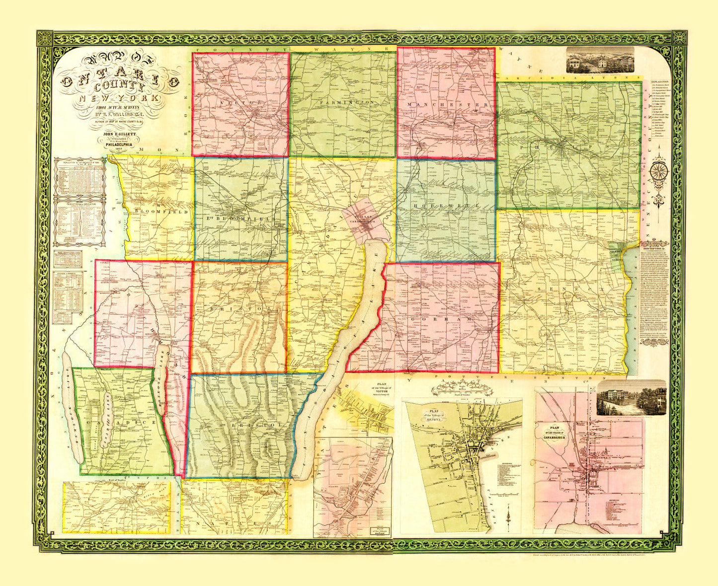 Vintage Map of Ontario County, New York, 1852