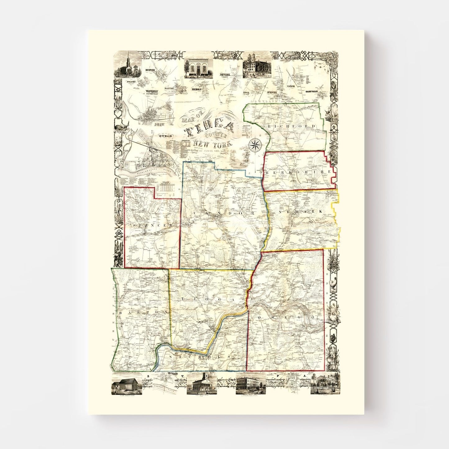 Vintage Map of Tioga County, New York, 1855