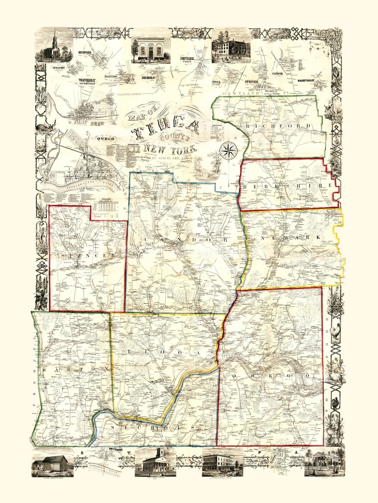 Vintage Map of Tioga County, New York, 1855