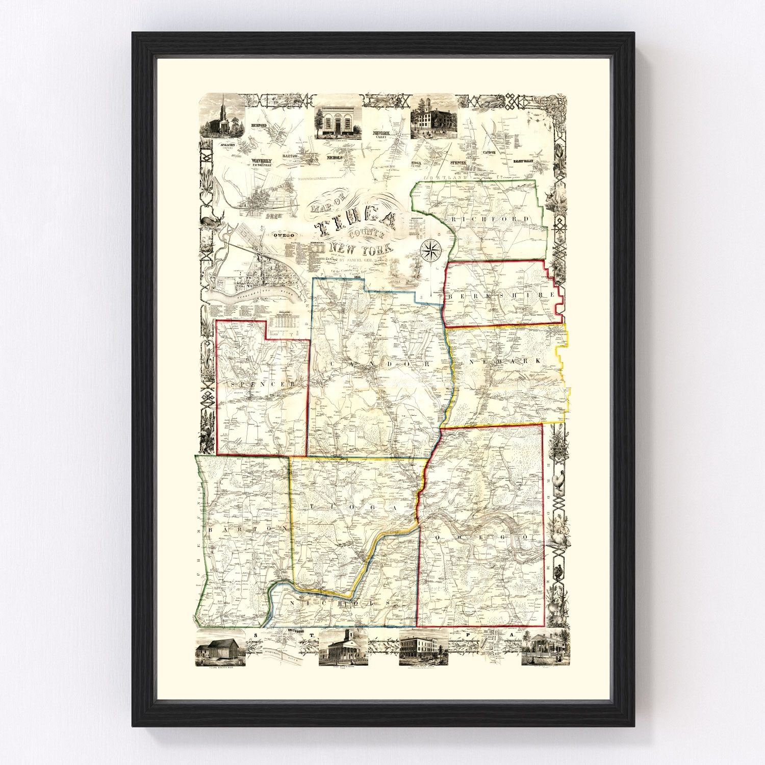vintage map of Tioga County, New York, 1855