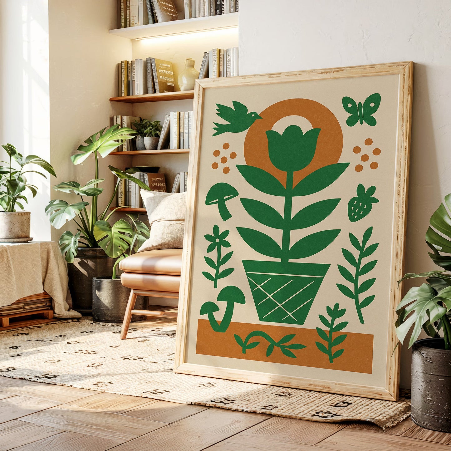 Folk Garden Wall Art - Bird, Butterfly and Tulip Print