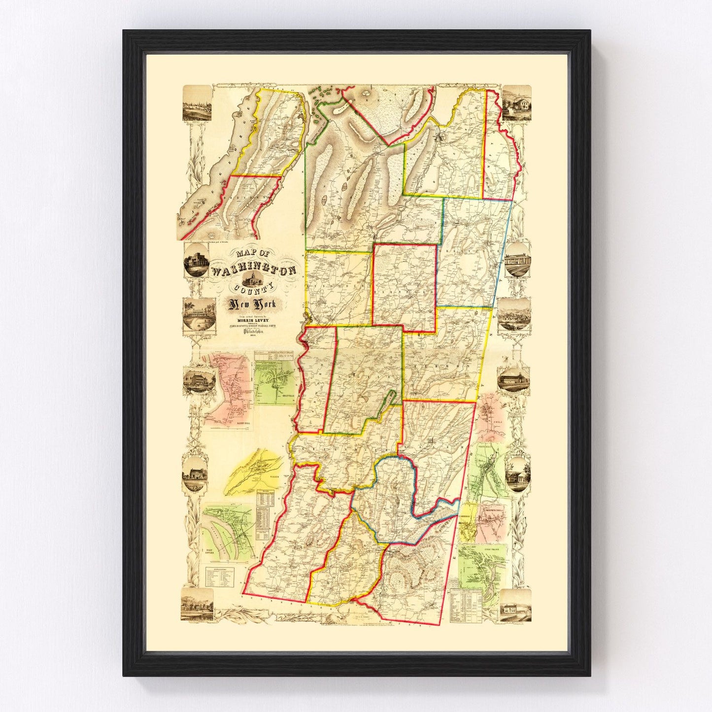 Vintage map of Washington County, New York, 1853 - Lake Champlain restored print