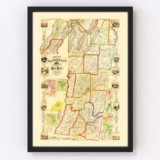 Vintage map of Washington County, New York, 1853 - Lake Champlain restored print