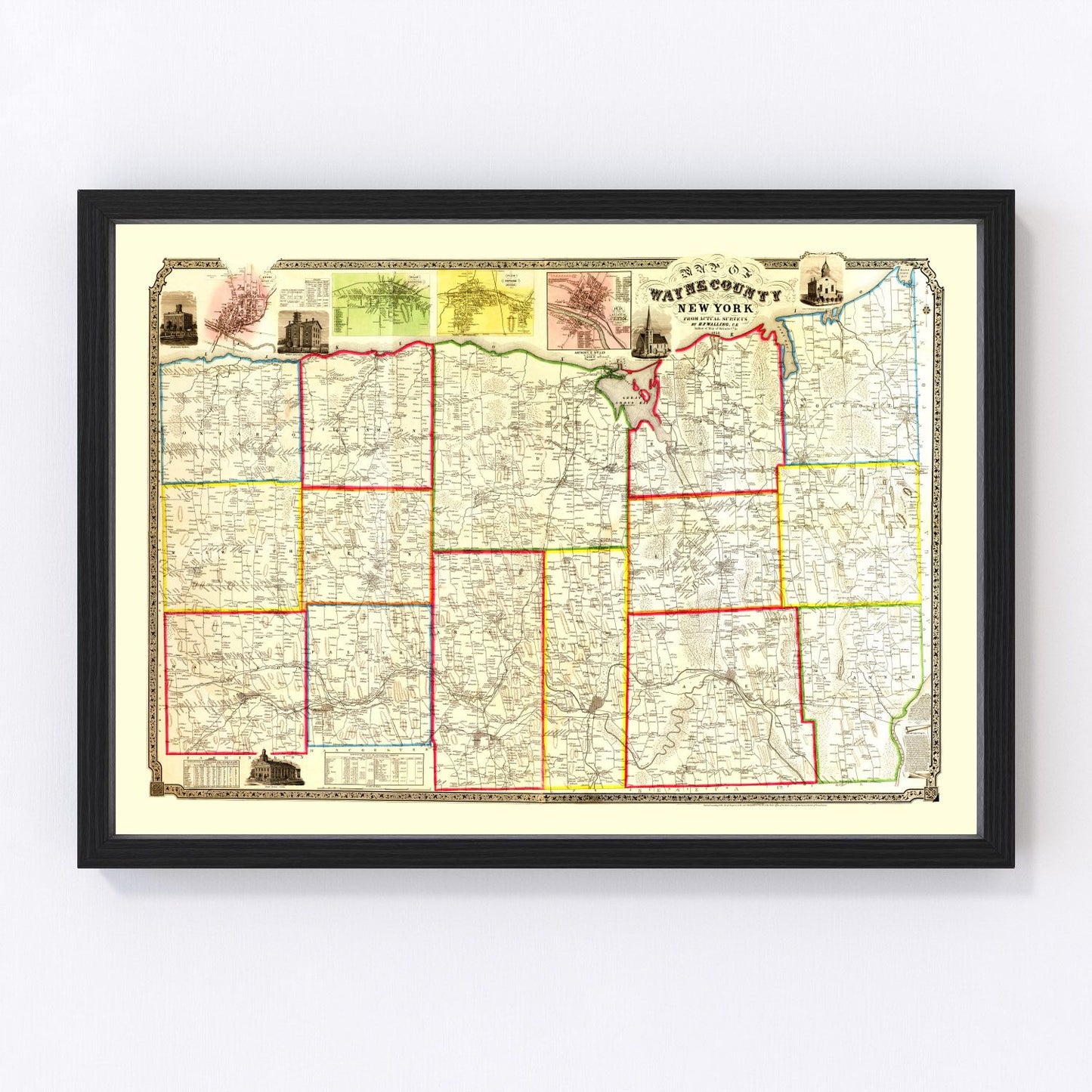 Vintage map of Wayne County, New York, 1853 - Lake Ontario restored print