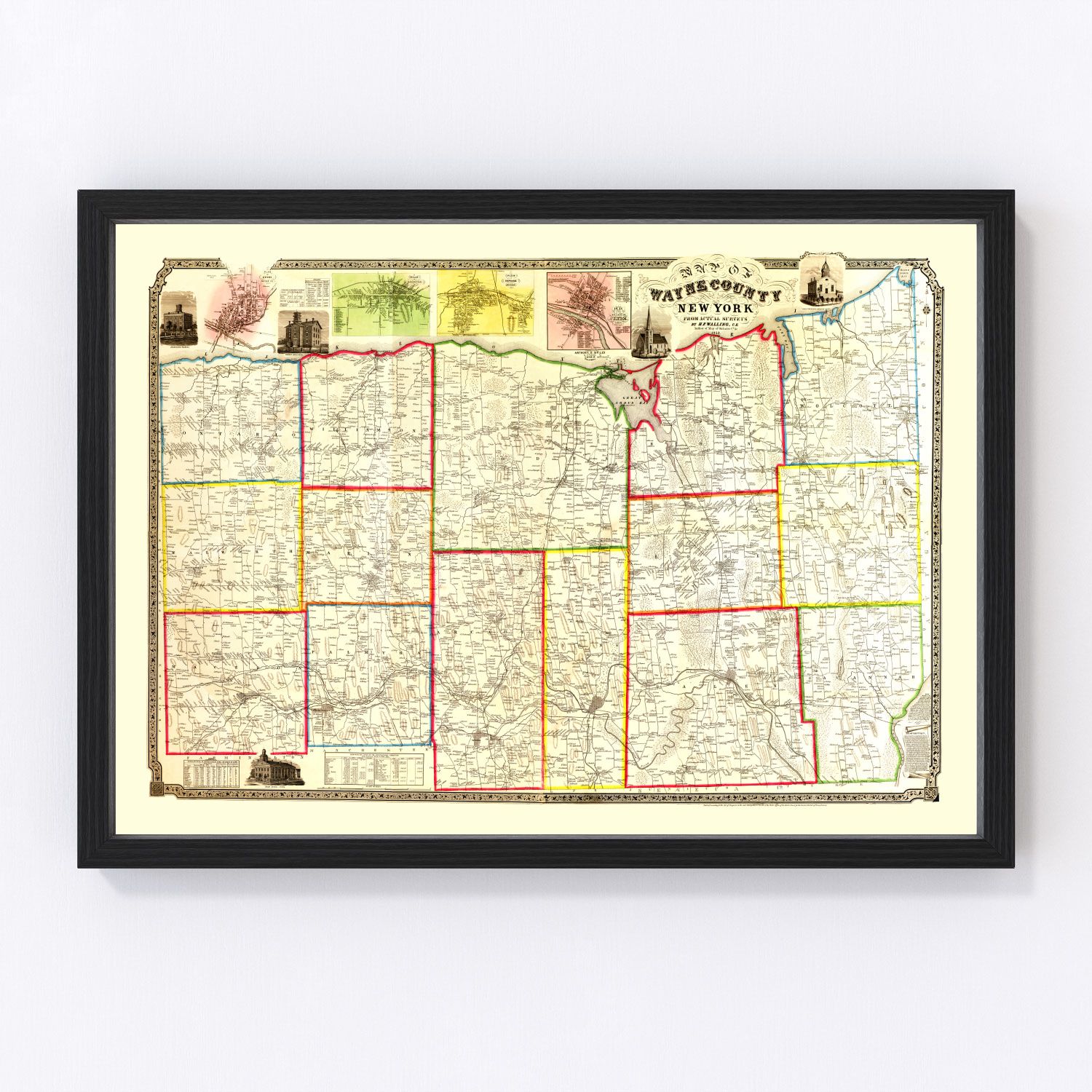 Vintage map of Wayne County, New York, 1853 - Lake Ontario restored print
