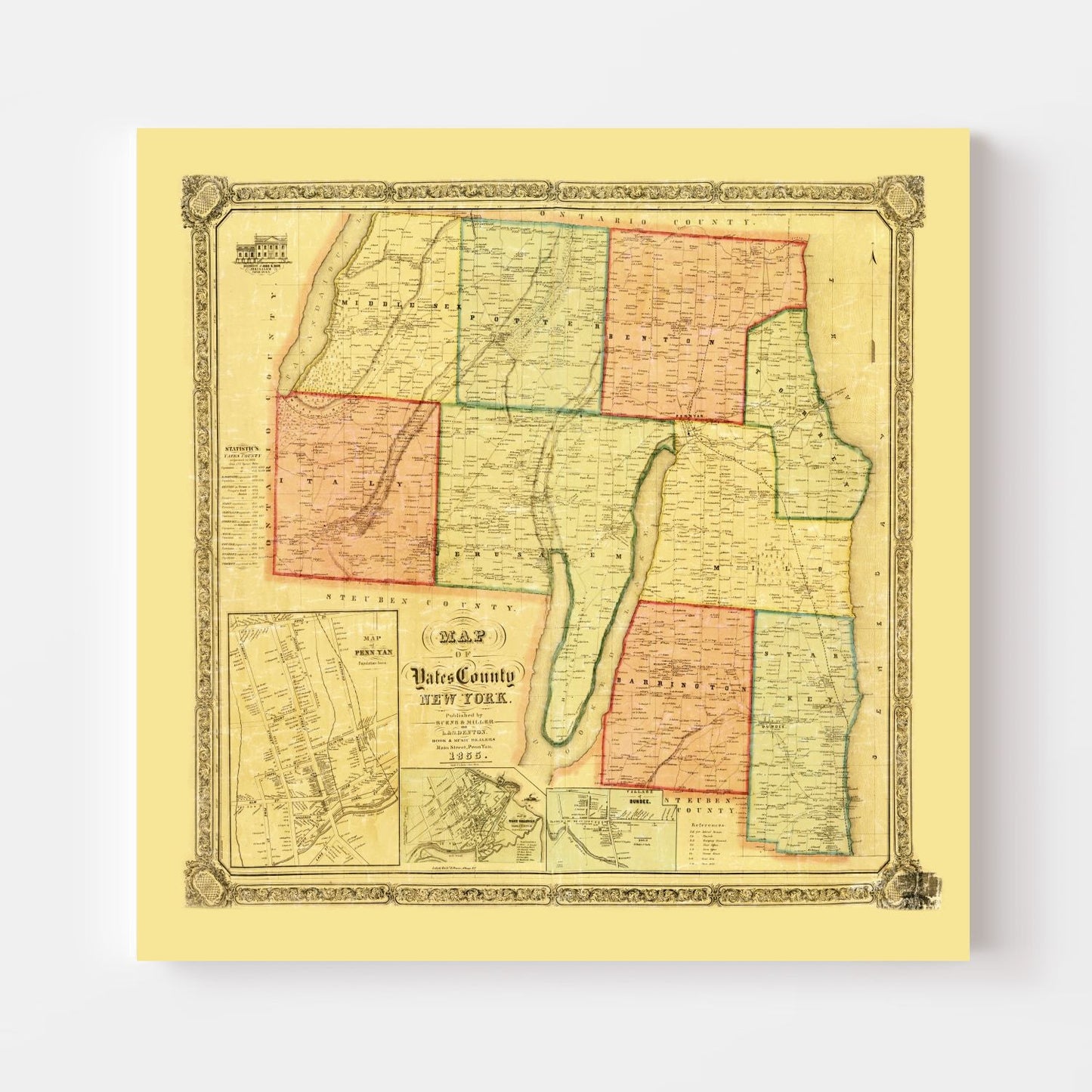 Vintage Map of Yates County, New York, 1855