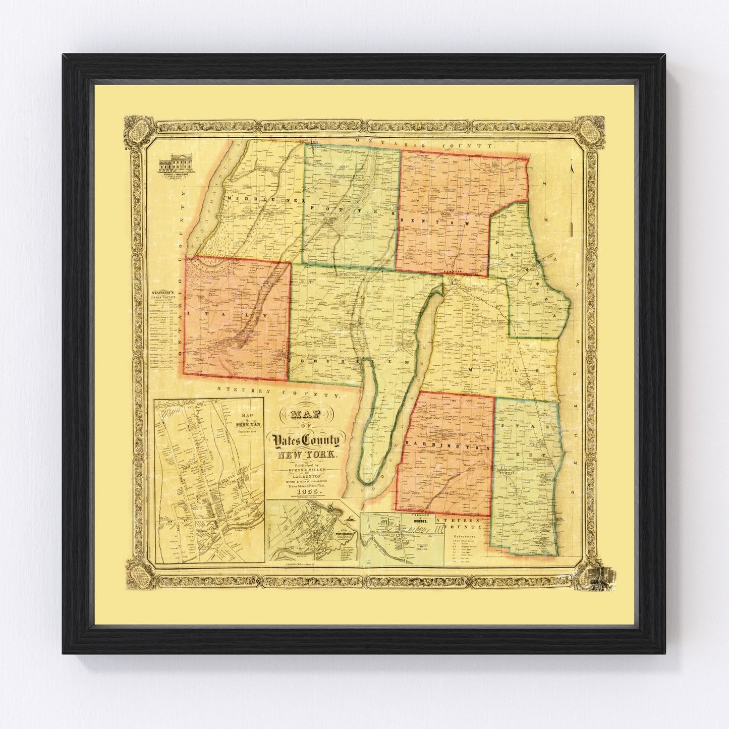 Vintage map of Yates County, New York, 1855, digitally restored
