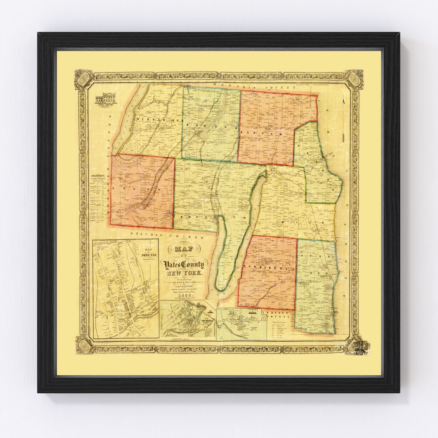 Vintage map of Yates County, New York, 1855, digitally restored