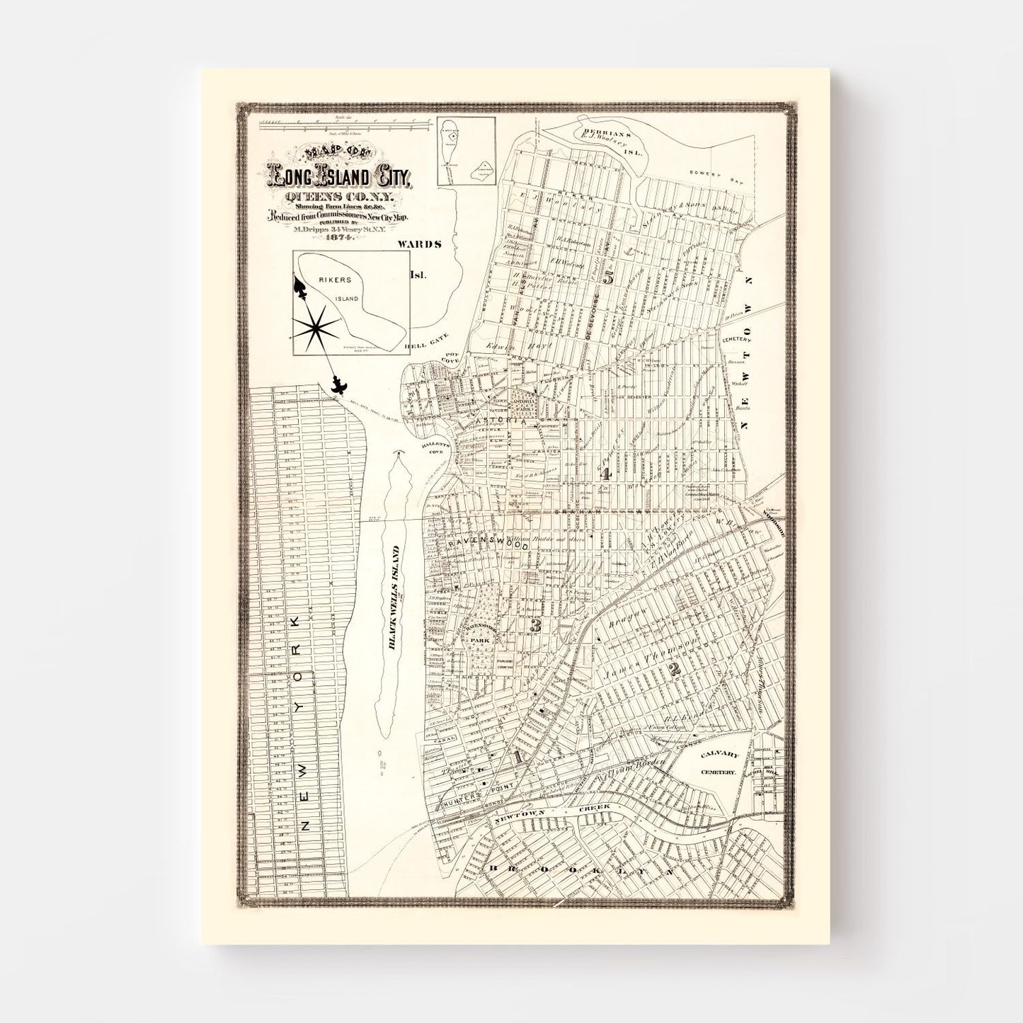 Vintage Map of Queens County, New York, 1874