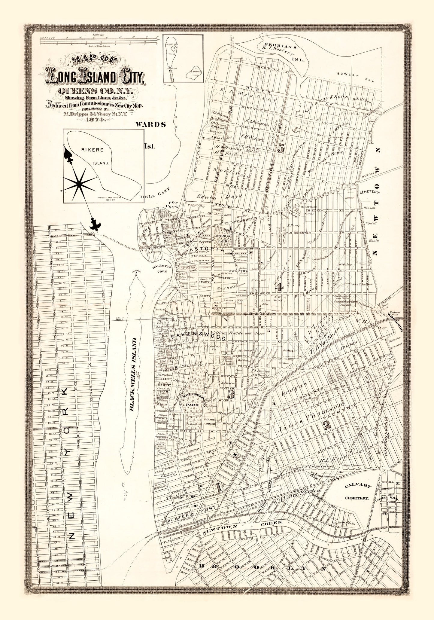 Vintage Map of Queens County, New York, 1874