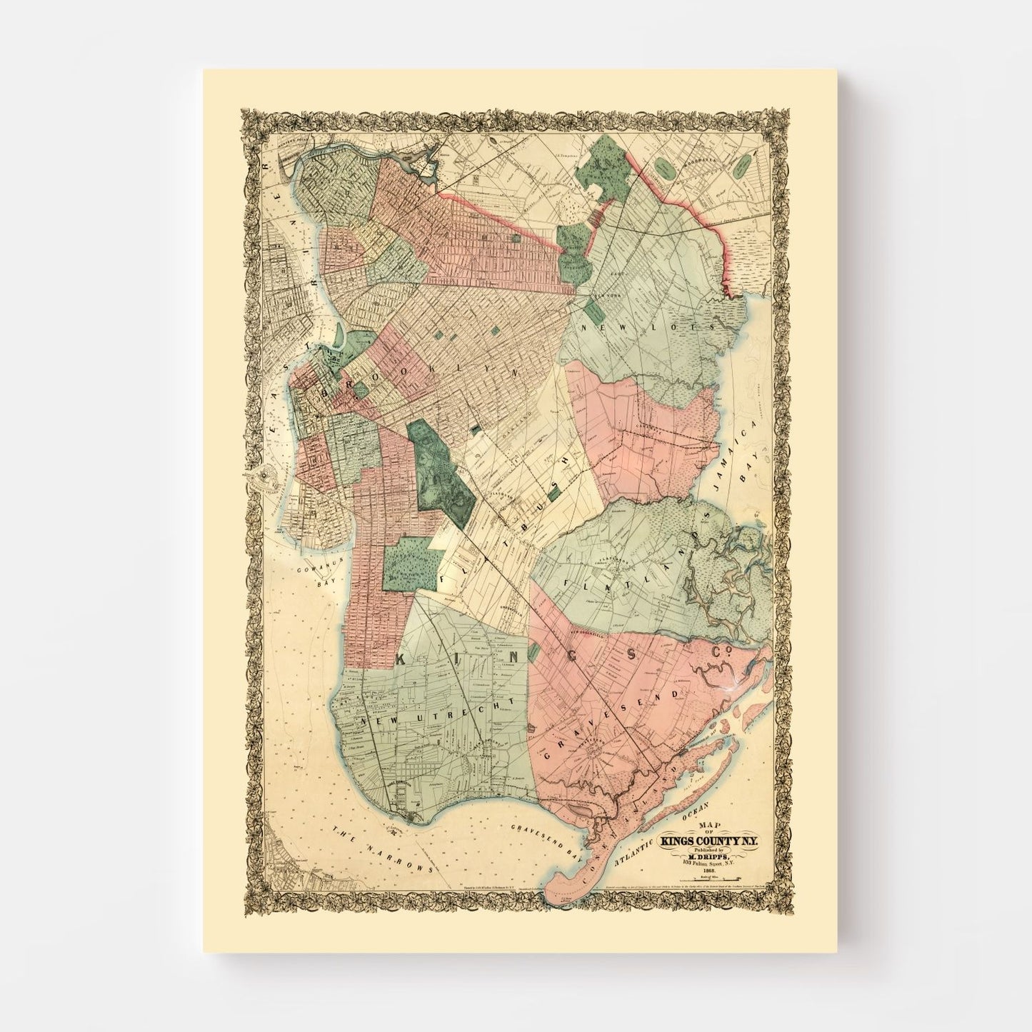 Vintage Map of Kings County, New York, 1868