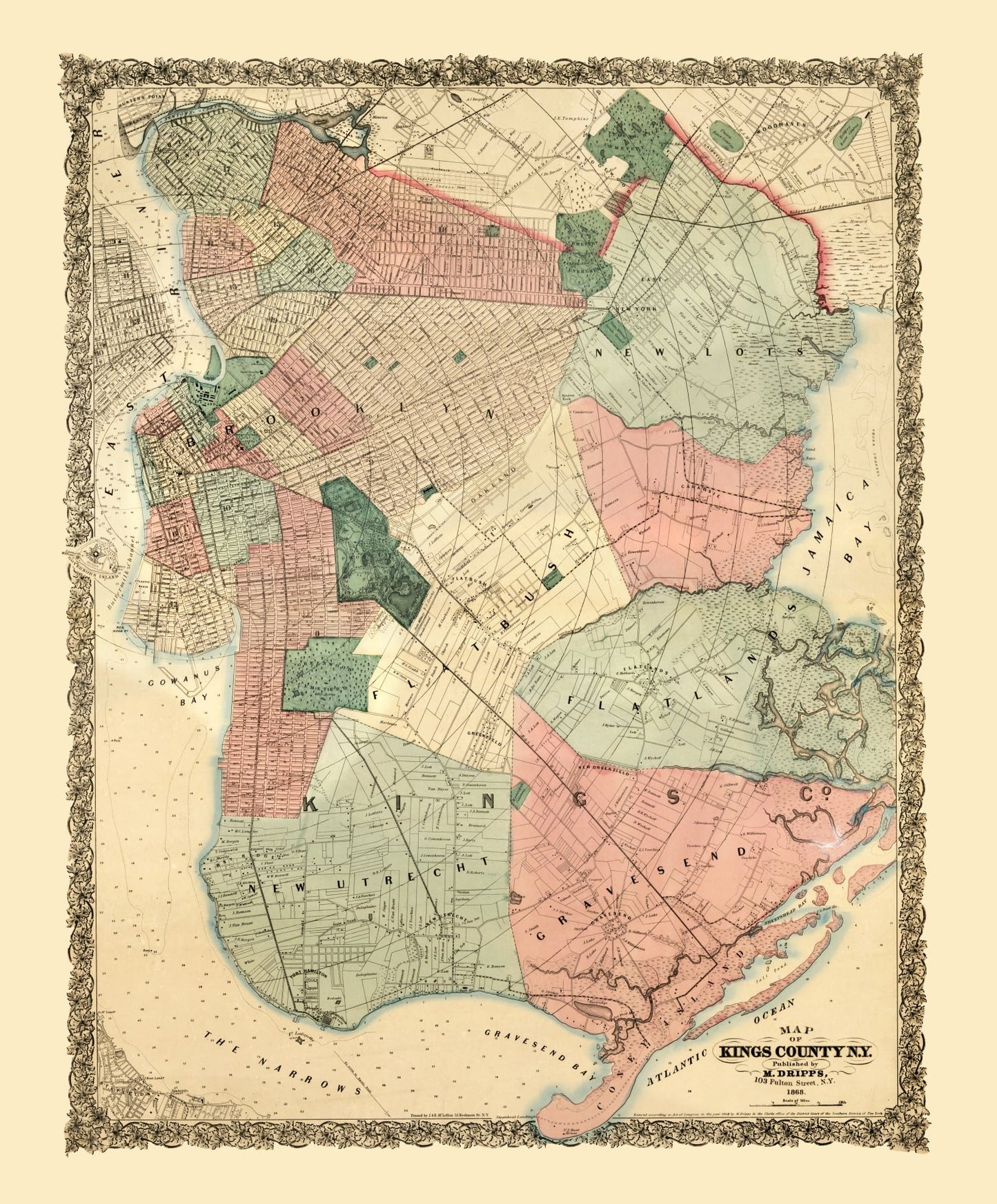 Vintage Map of Kings County, New York, 1868