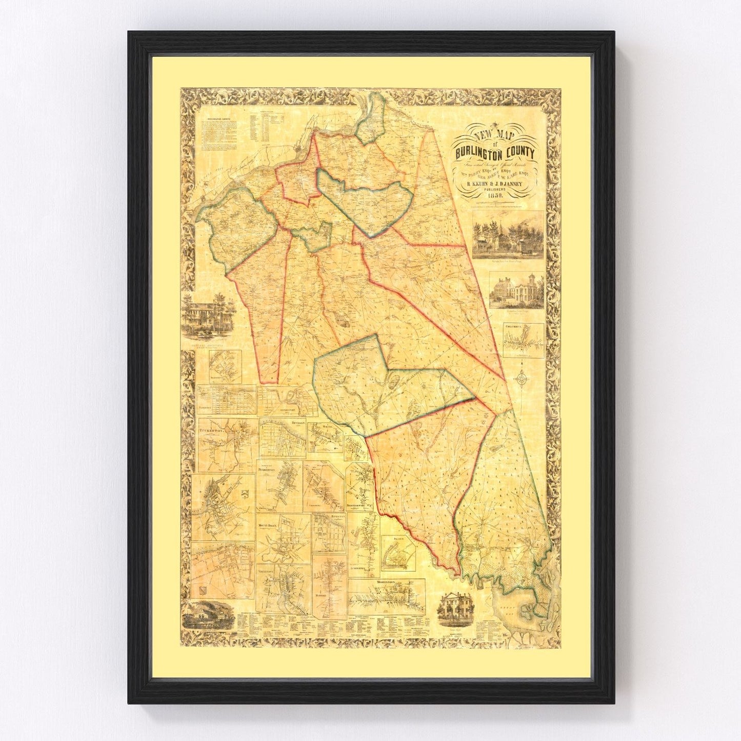Vintage map of Burlington County, New Jersey, 1859, Mount Holly