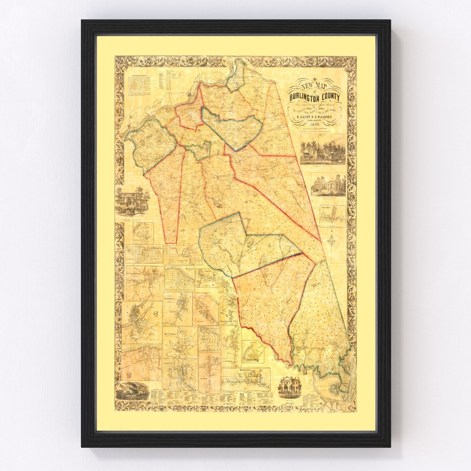 Vintage map of Burlington County, New Jersey, 1859, Mount Holly
