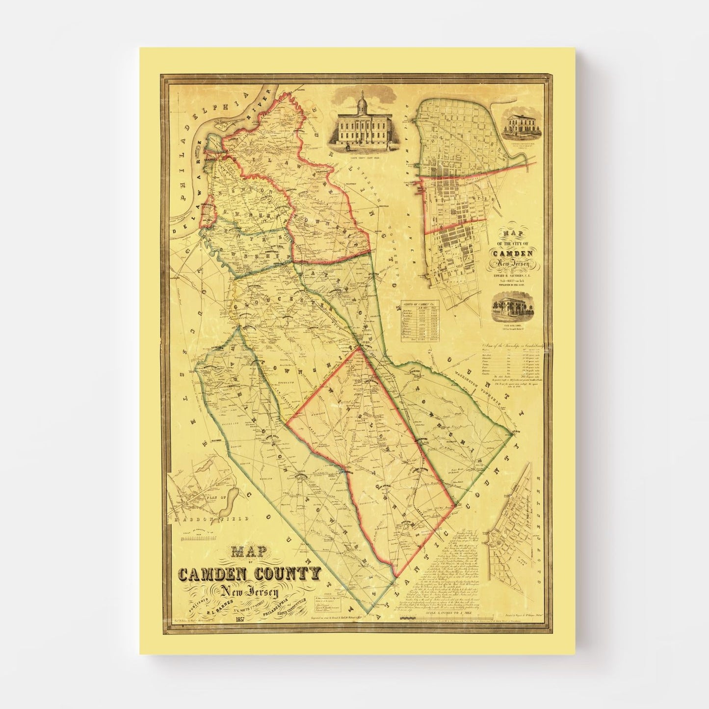 Vintage Map of Camden County, New Jersey, 1857 - Print