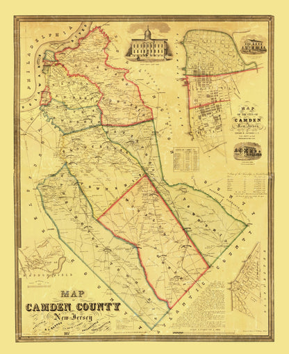 Vintage Map of Camden County, New Jersey, 1857 - Print