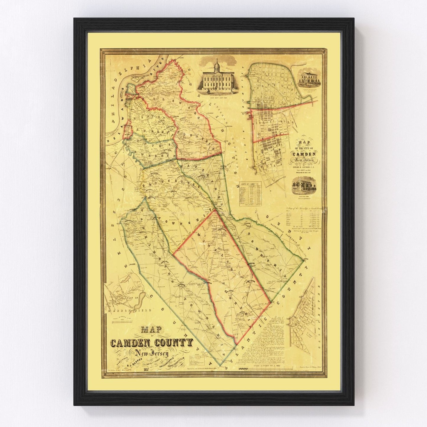 Vintage map of Camden County, New Jersey, 1857, antebellum restored print