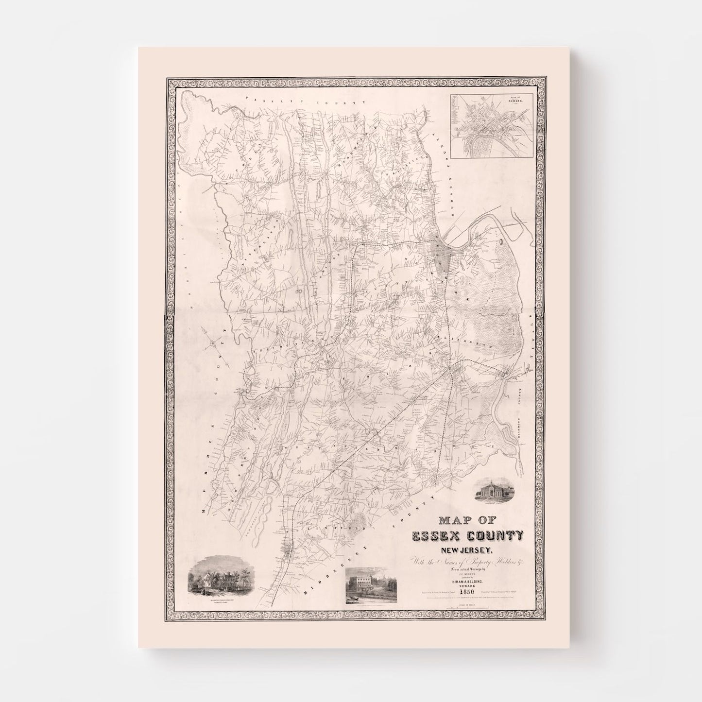 Vintage Map of Essex County, New Jersey, 1850