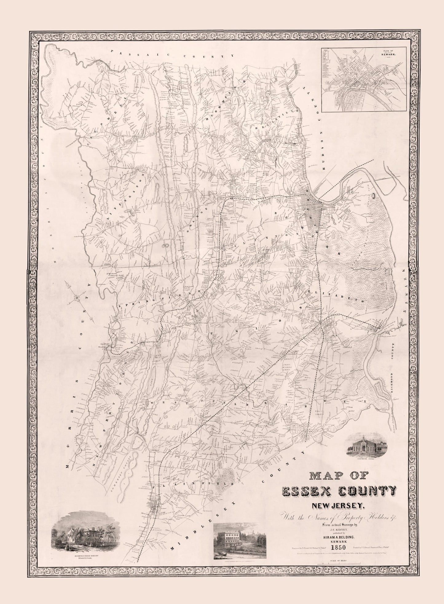 Vintage Map of Essex County, New Jersey, 1850
