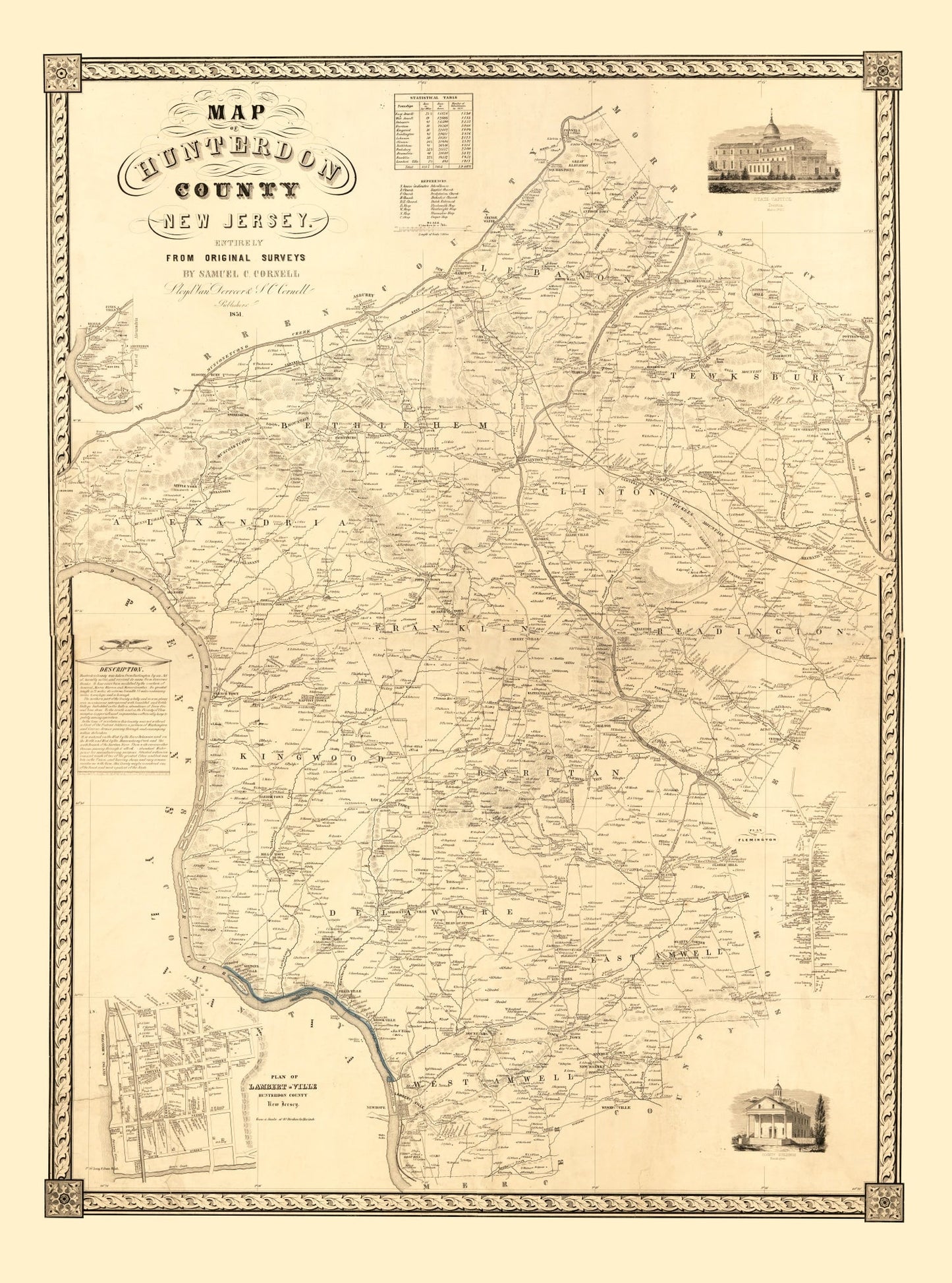 Vintage Map of Hunterdon County, New Jersey, 1851