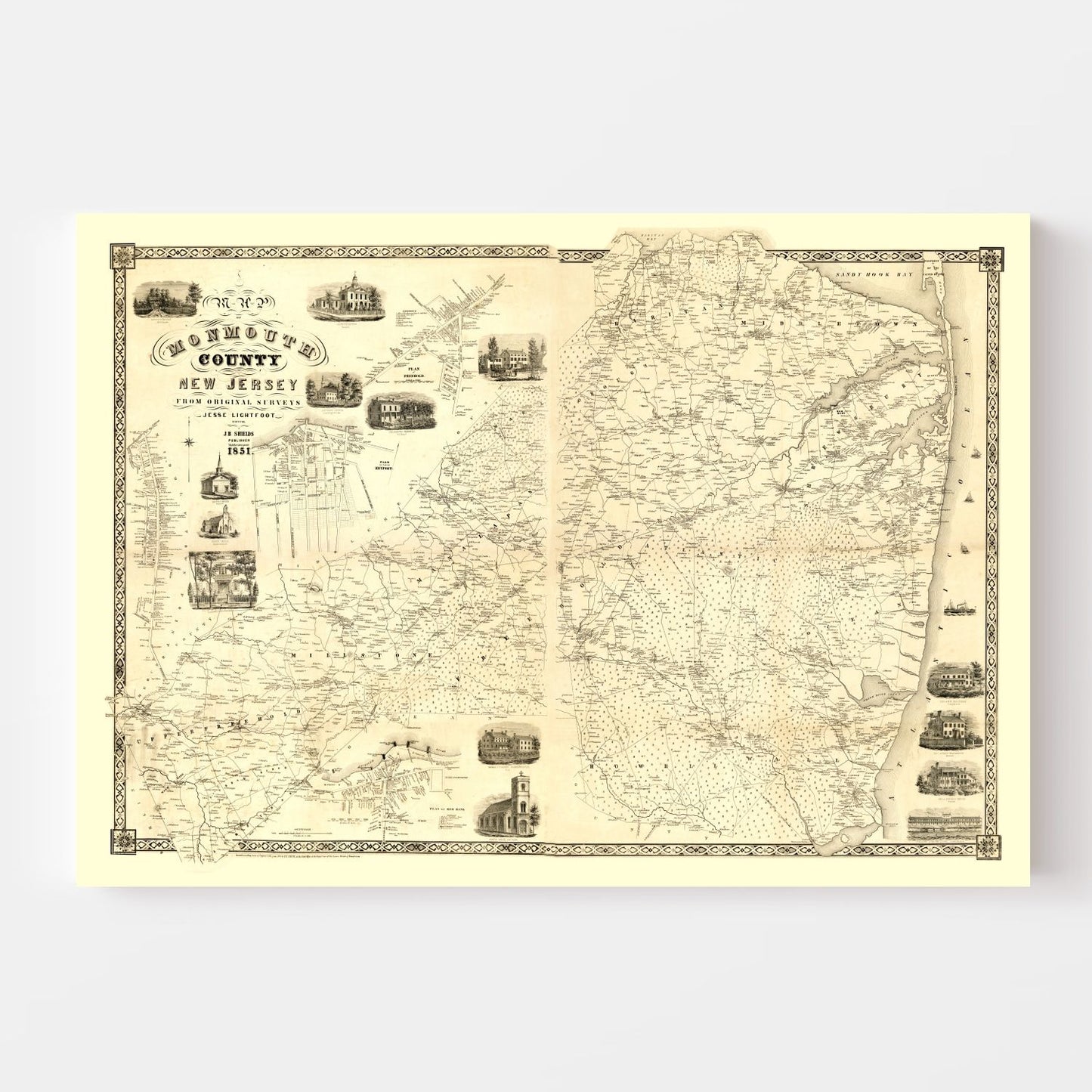 Vintage Map of Monmouth County, New Jersey, 1851