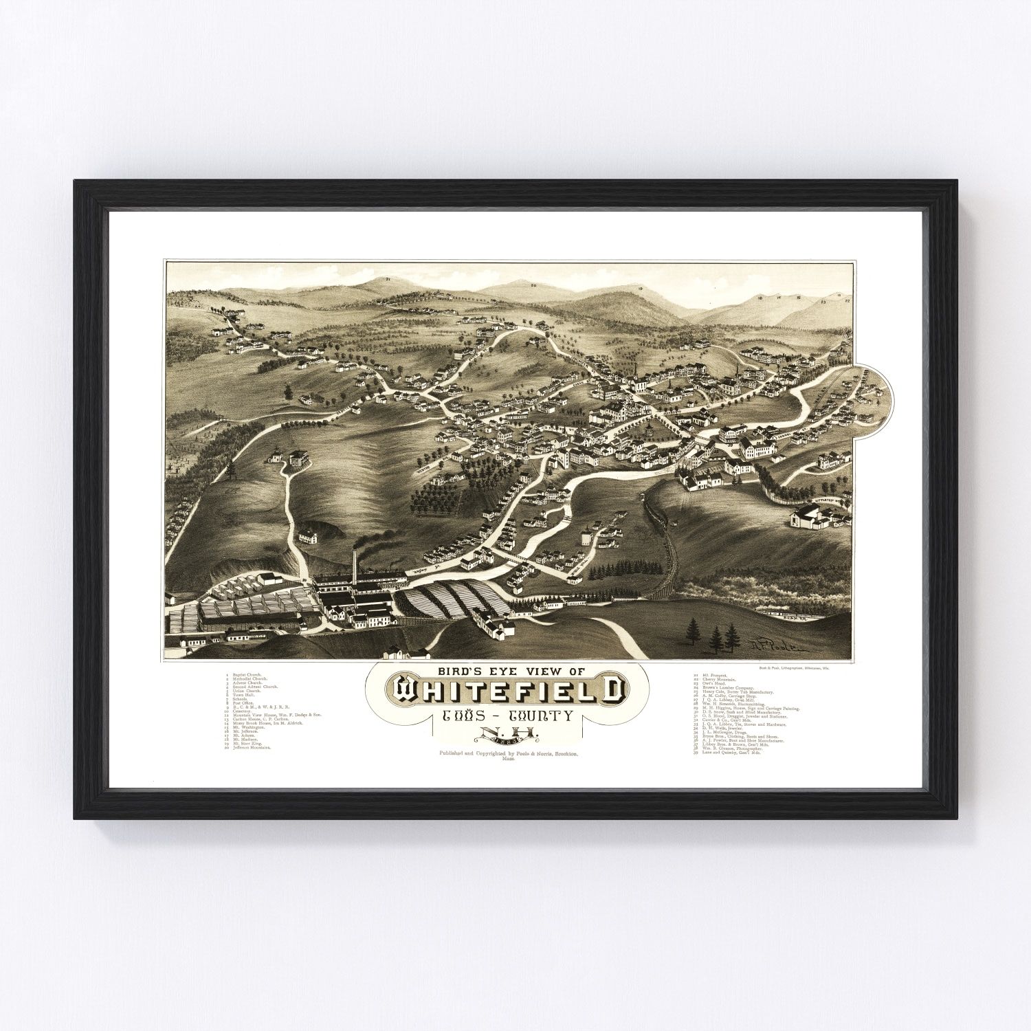 Vintage map of Whitefield, New Hampshire, 1883 - White Mountains area restored print
