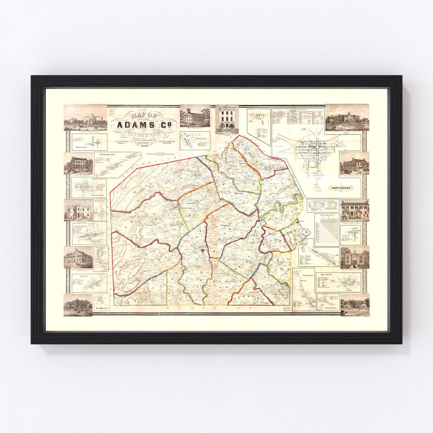 Vintage map of Adams County, New Jersey, 1858 - restored antebellum county atlas print