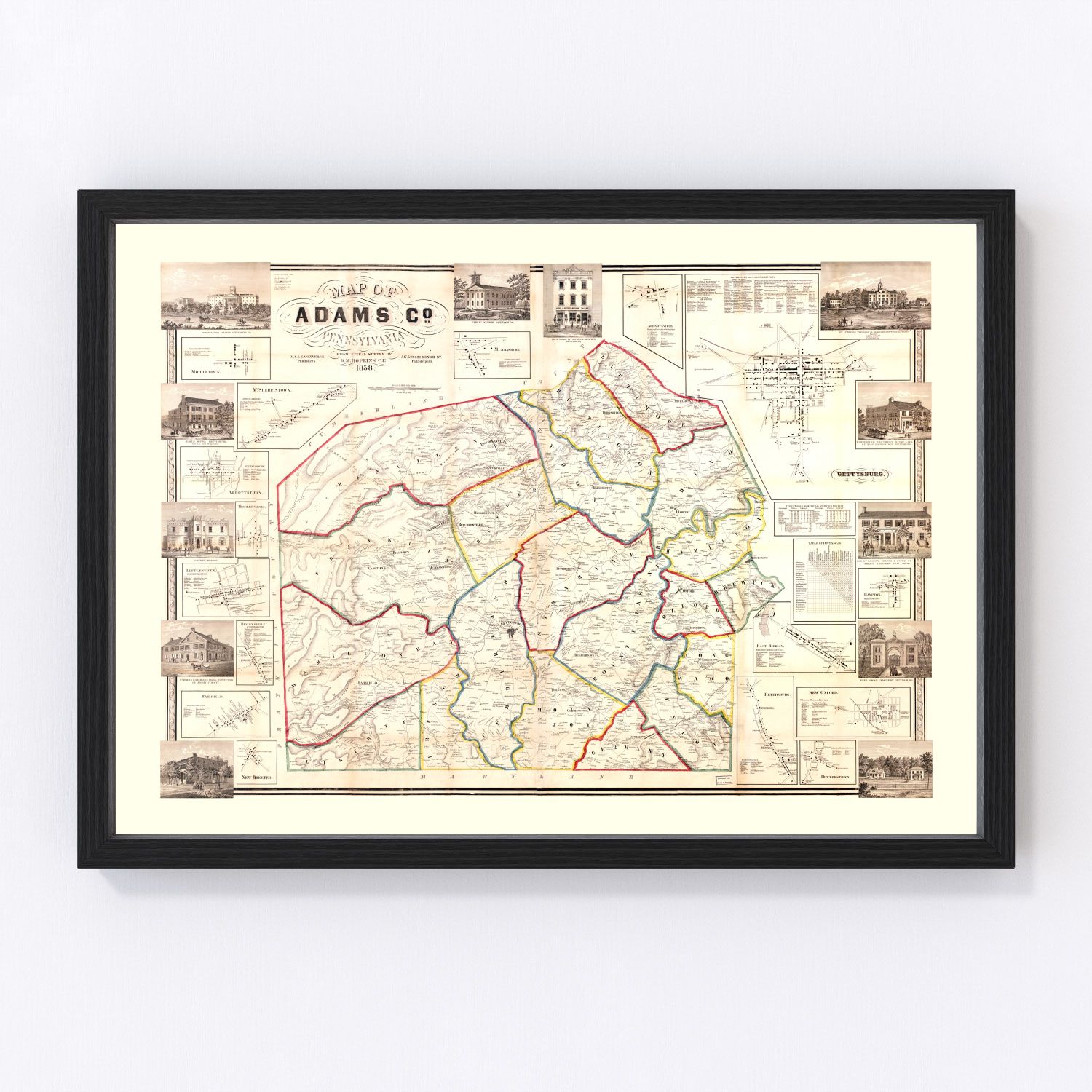 Vintage map of Adams County, New Jersey, 1858 - restored antebellum county atlas print