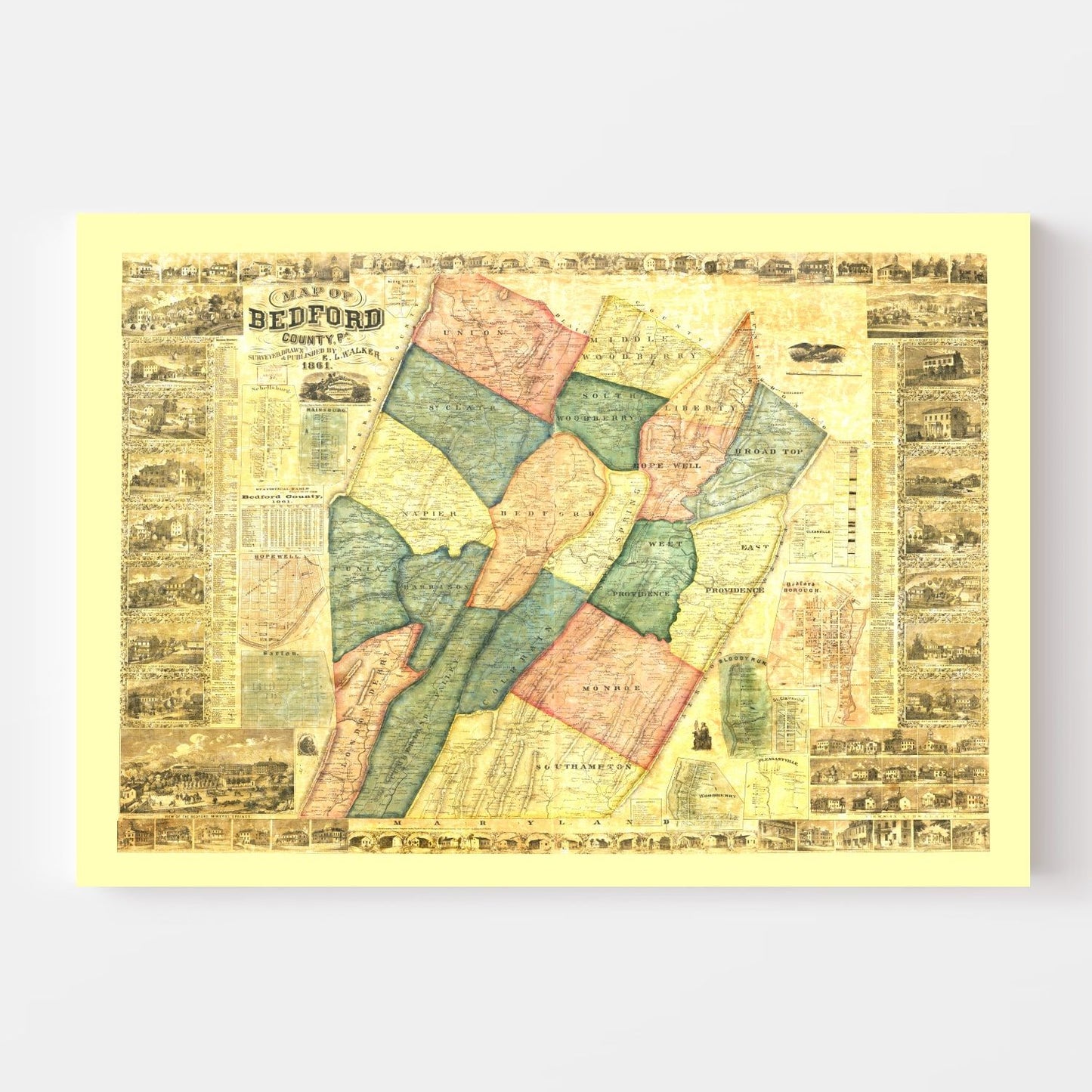 Vintage Map of Bedford County, Pennsylvania, 1861