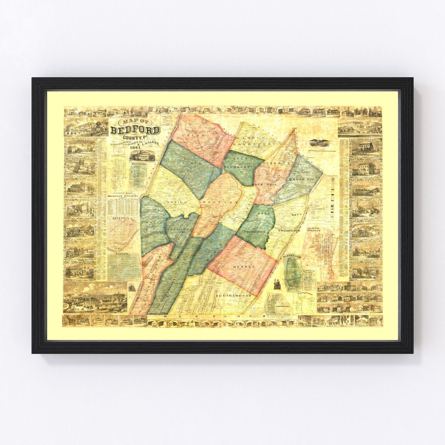 Vintage map of Bedford County, Pennsylvania, 1861